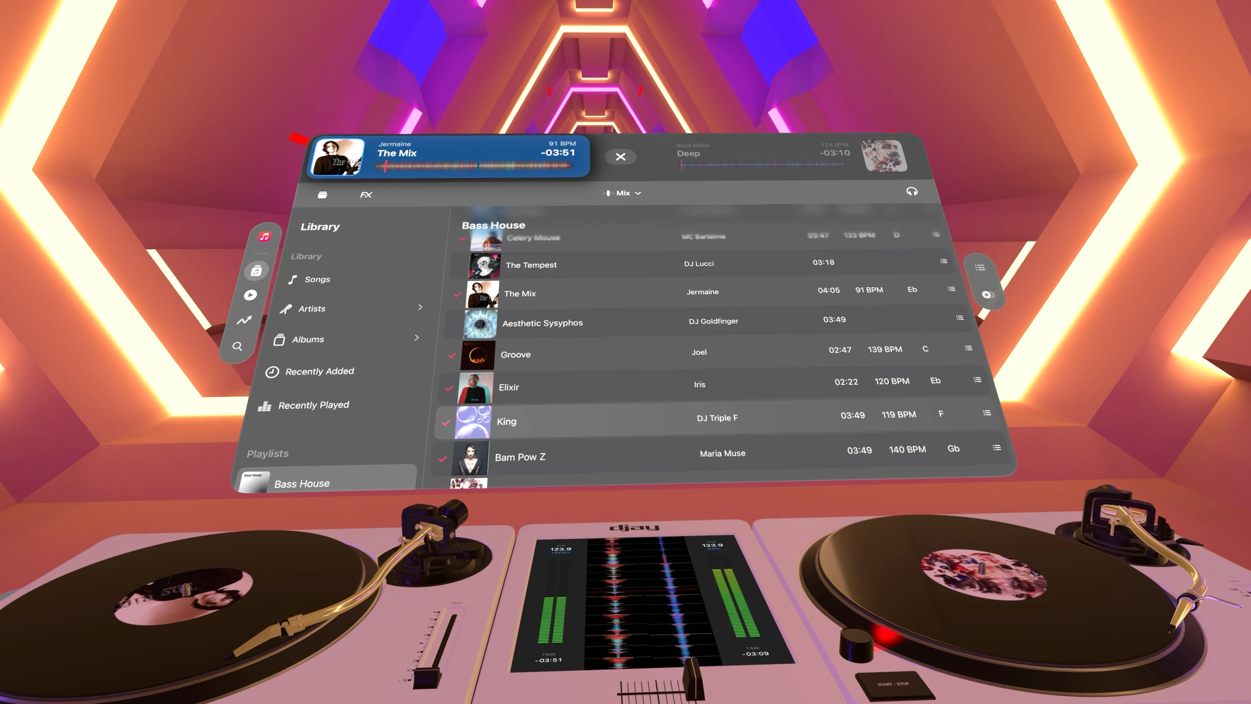 djay track library rows and playlist sidebar floating above virtual decks