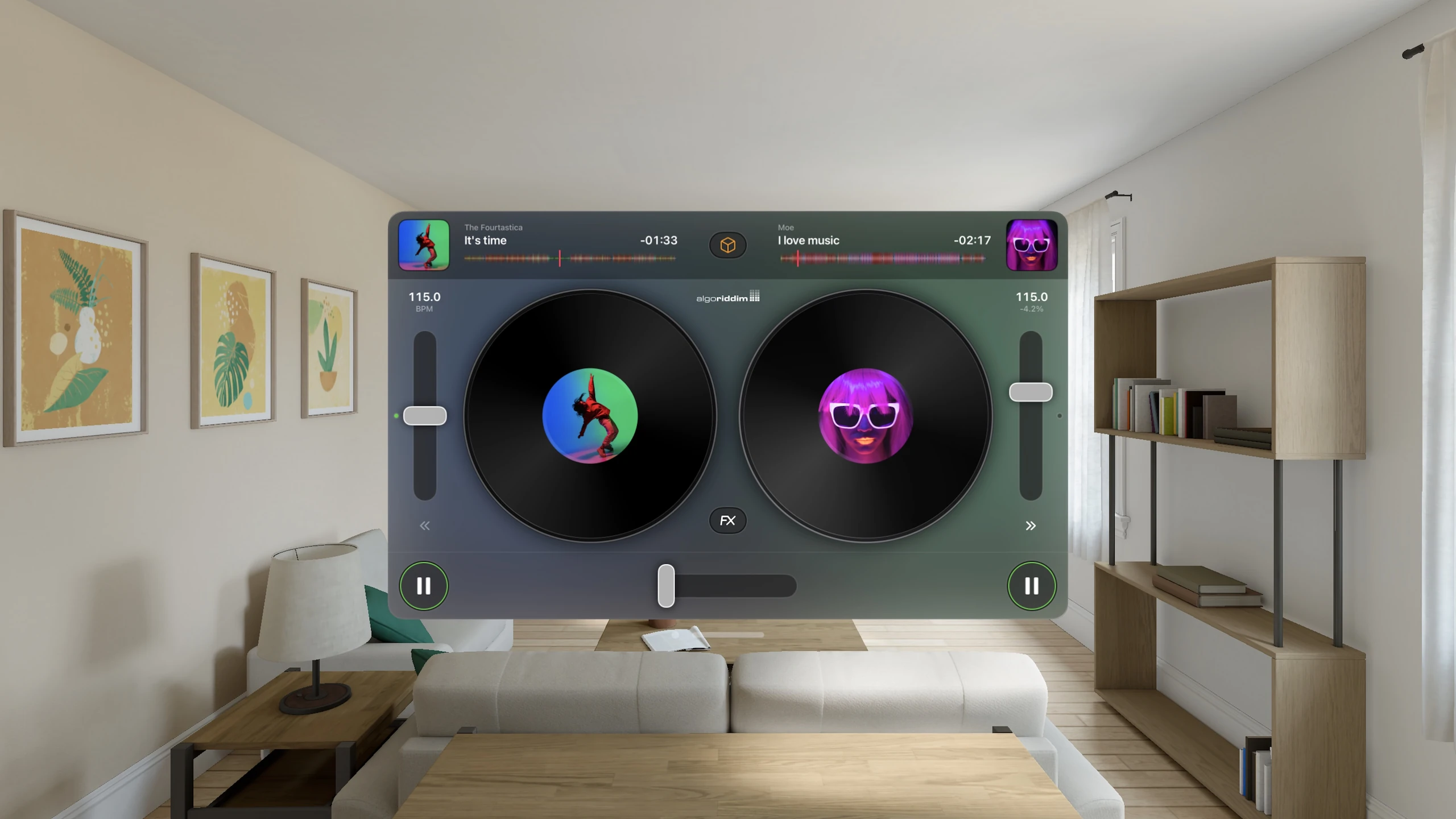 djay floating two-deck window with album artwork and mixer in a room