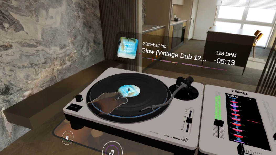 djay spatial turntable and mixer with track title and tempo in a virtual room