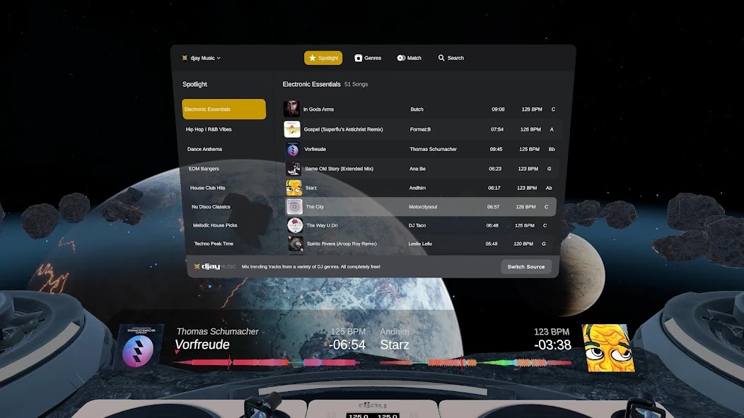 djay spatial track library above twin decks with song rows and playlist sidebar