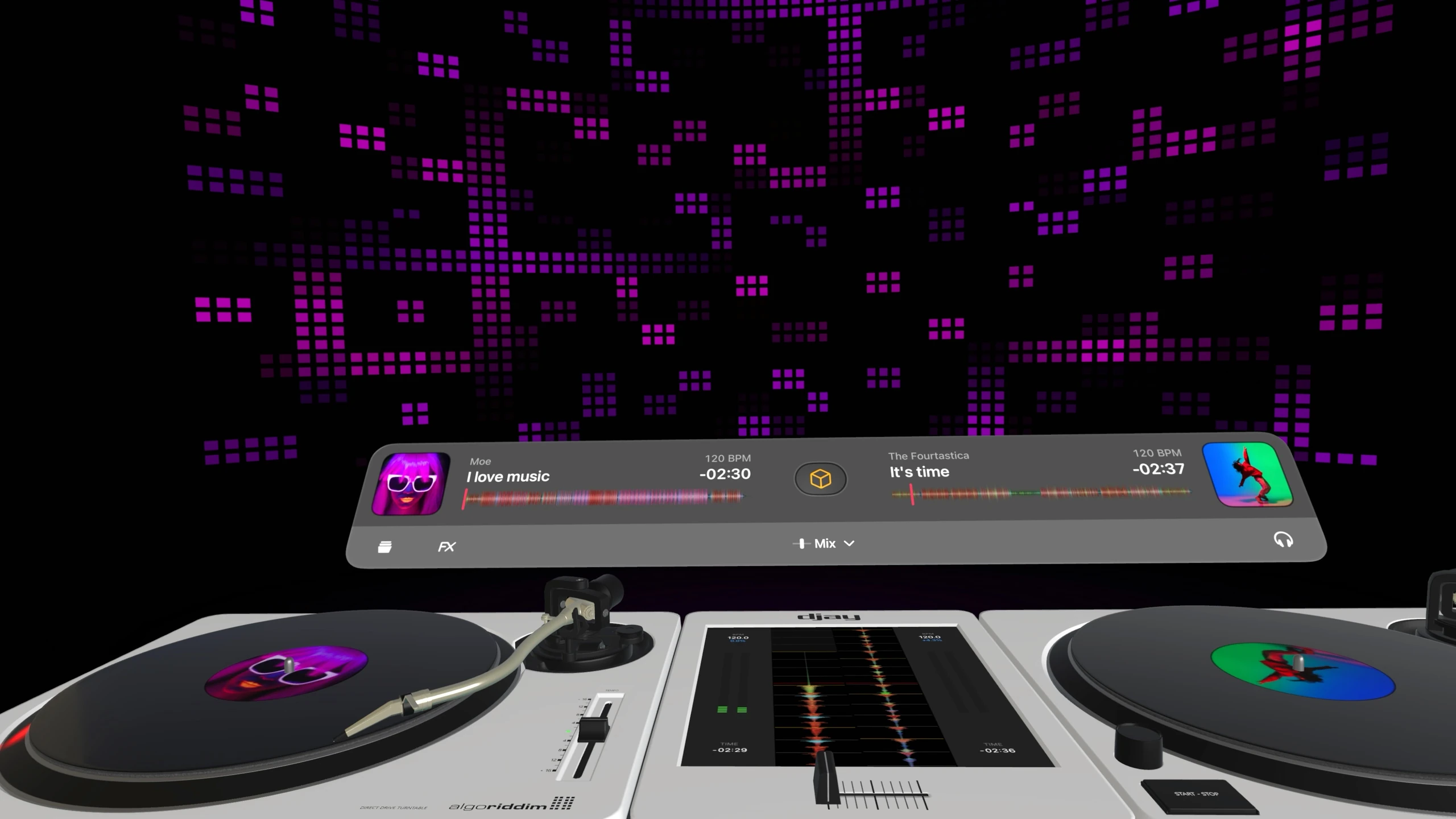 djay twin virtual decks and mixer in a purple visualizer environment