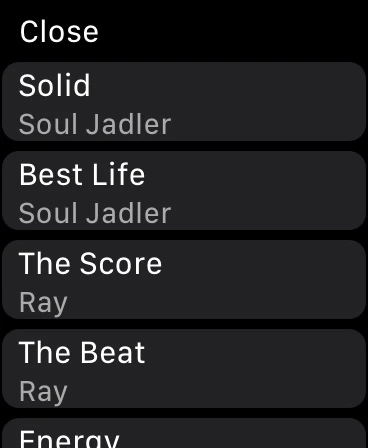 djay Watch track list showing song titles and artists