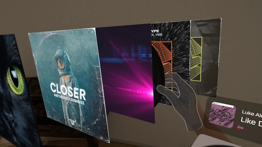 djay spatial music library with floating album artwork and selection gesture