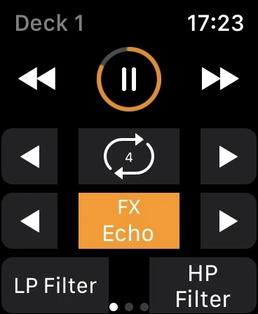 djay Watch Deck 1 screen with playback, loop, Echo and filter controls