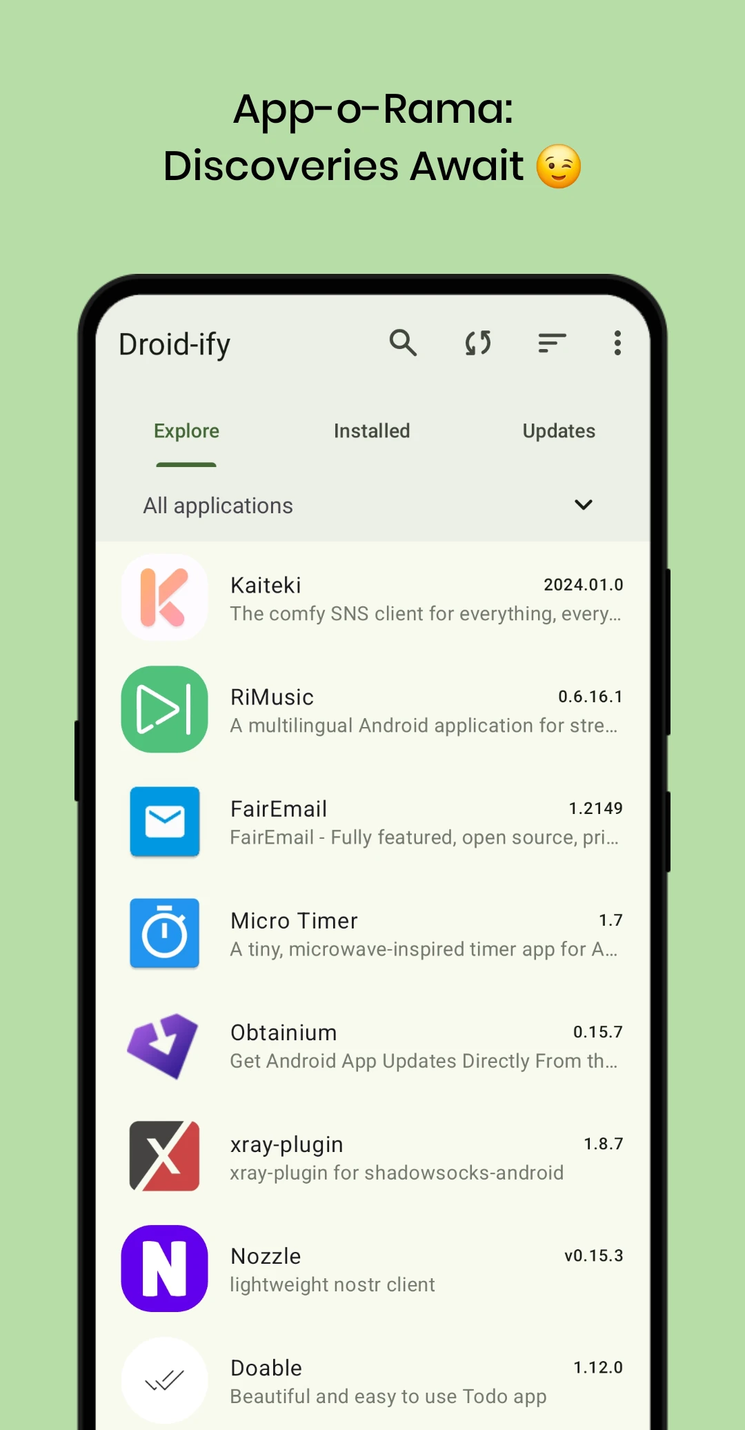 Explore tab listing open-source Android apps with version numbers inside a phone frame