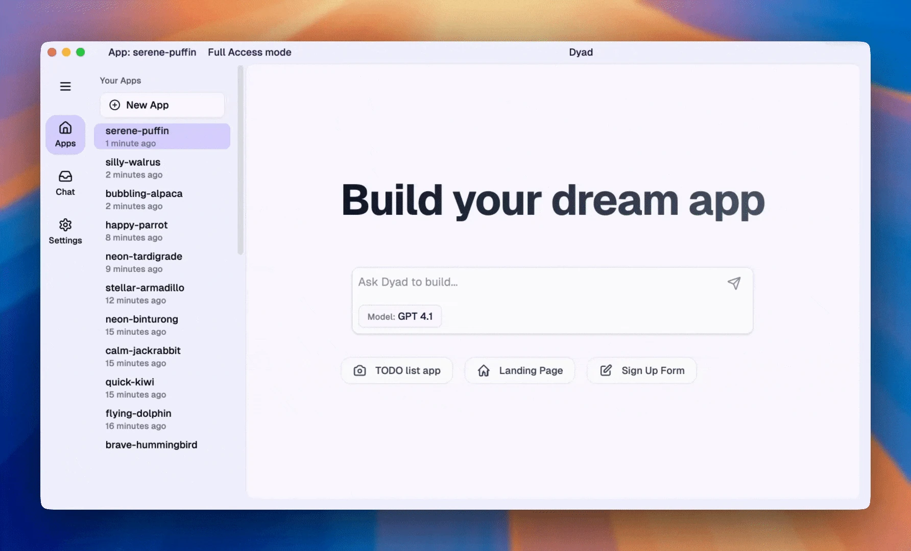 Dyad app builder with project sidebar and prompt input