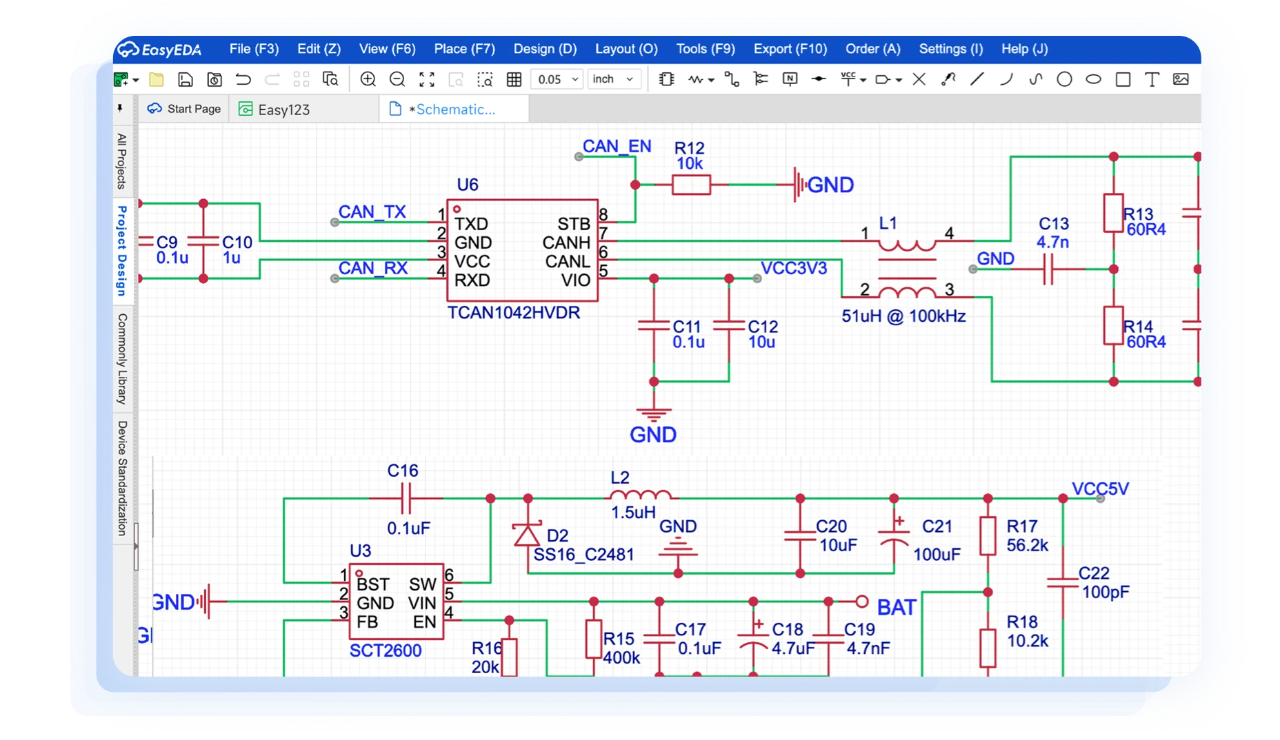 EasyEDA schematic editor showing a CAN transceiver and power supply circuit