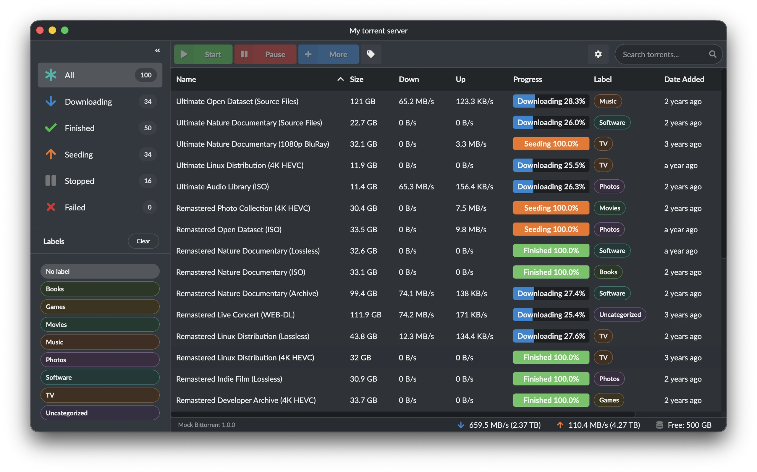 Electorrent torrent list with progress, labels, download and upload rates