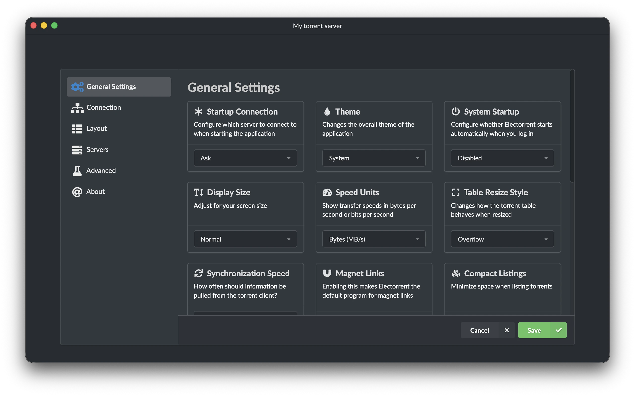 Electorrent general settings for startup, display and transfer units
