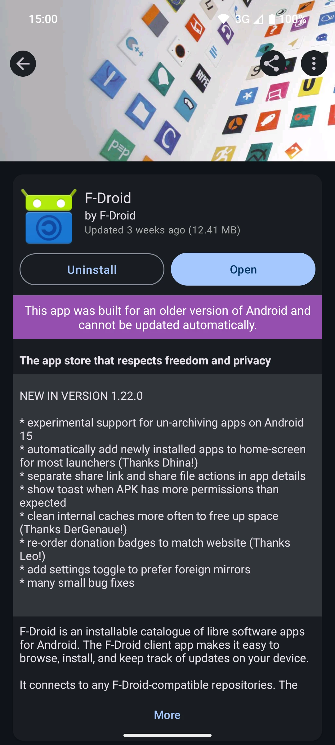 F-Droid app details in dark mode with uninstall and open controls, version notes and description