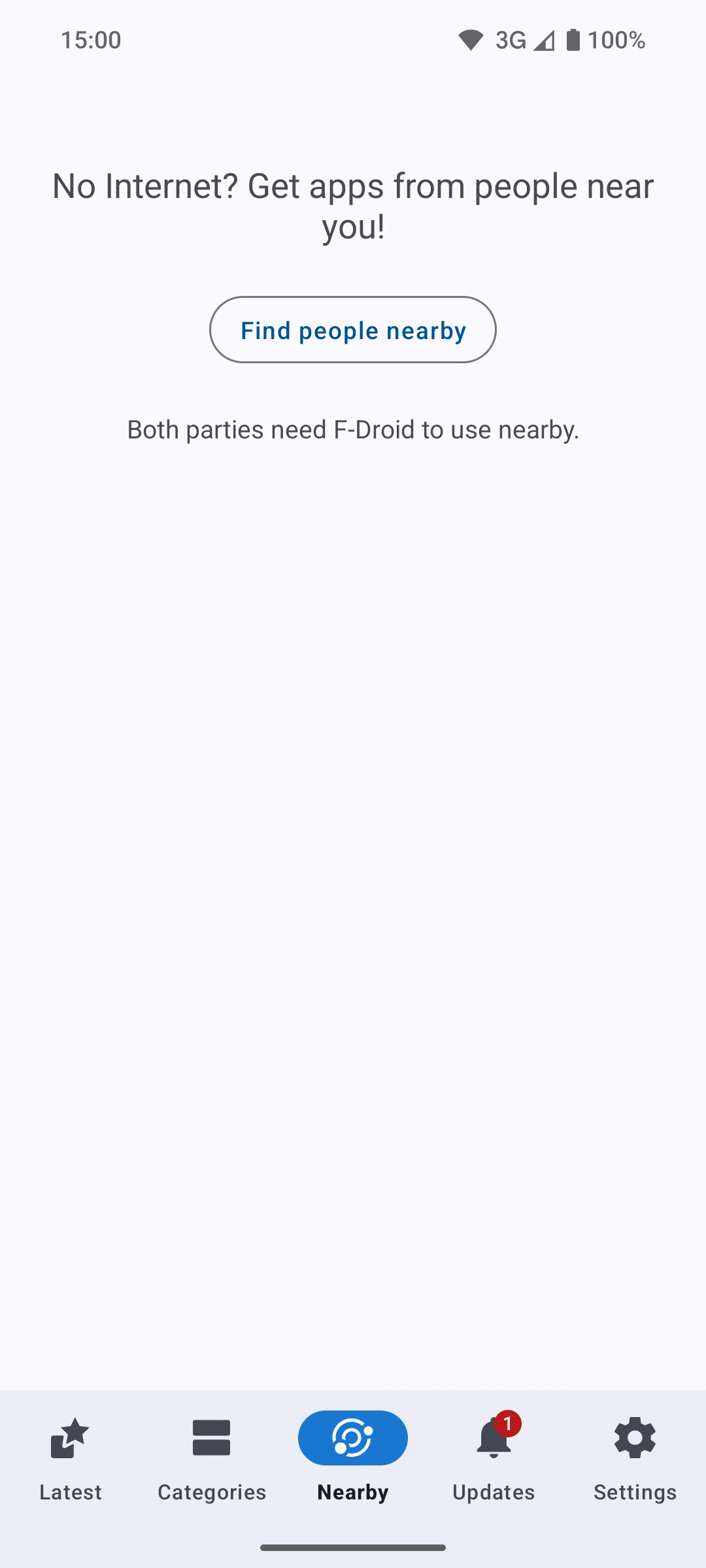 F-Droid Nearby tab with Find people nearby control for sharing apps offline