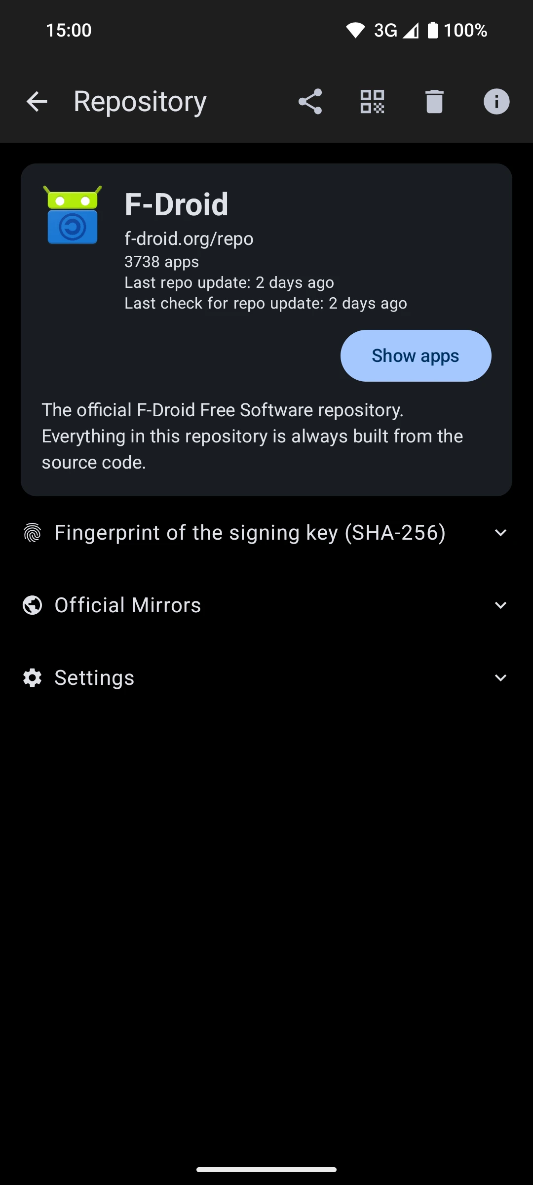 F-Droid repository details with app count, official mirrors, signing fingerprint and settings