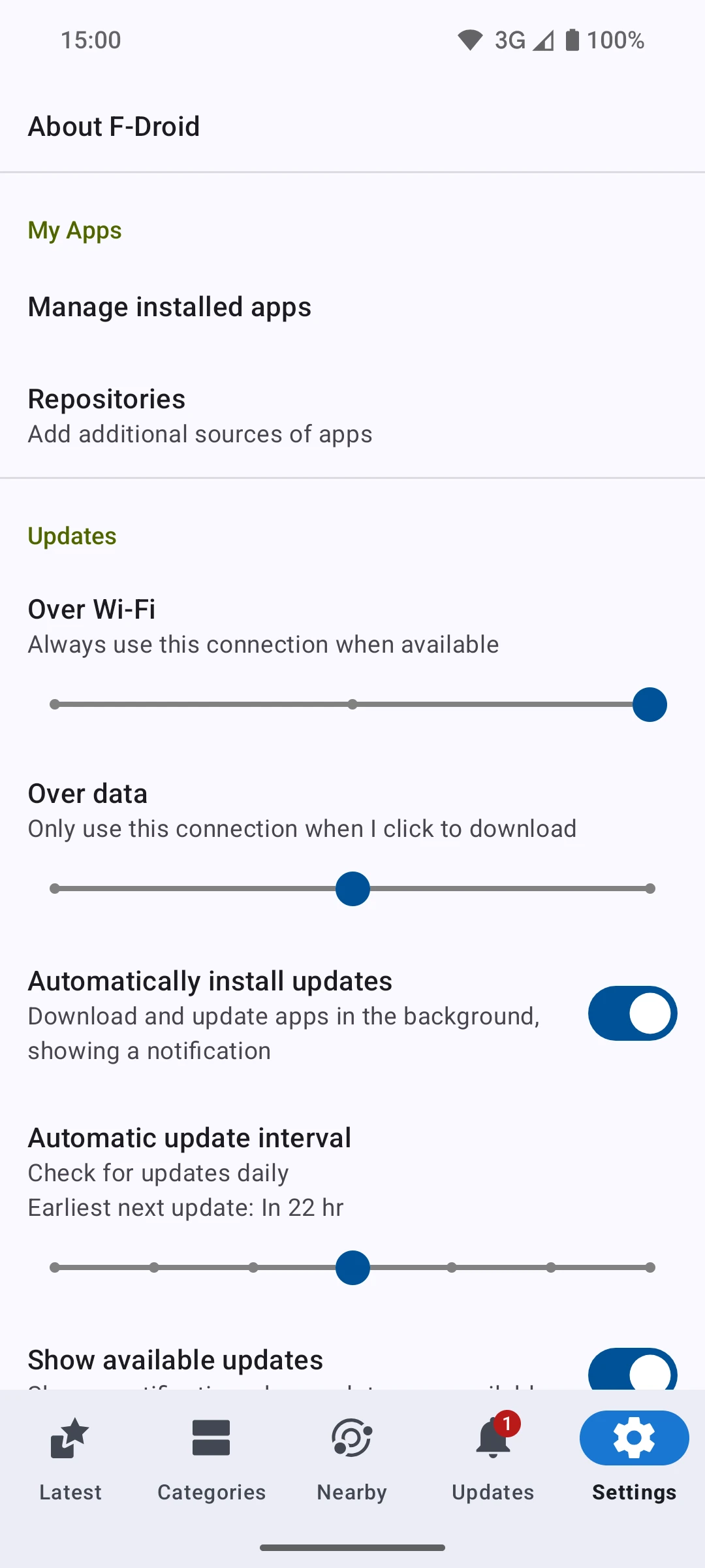 F-Droid Settings with repository management and automatic update controls