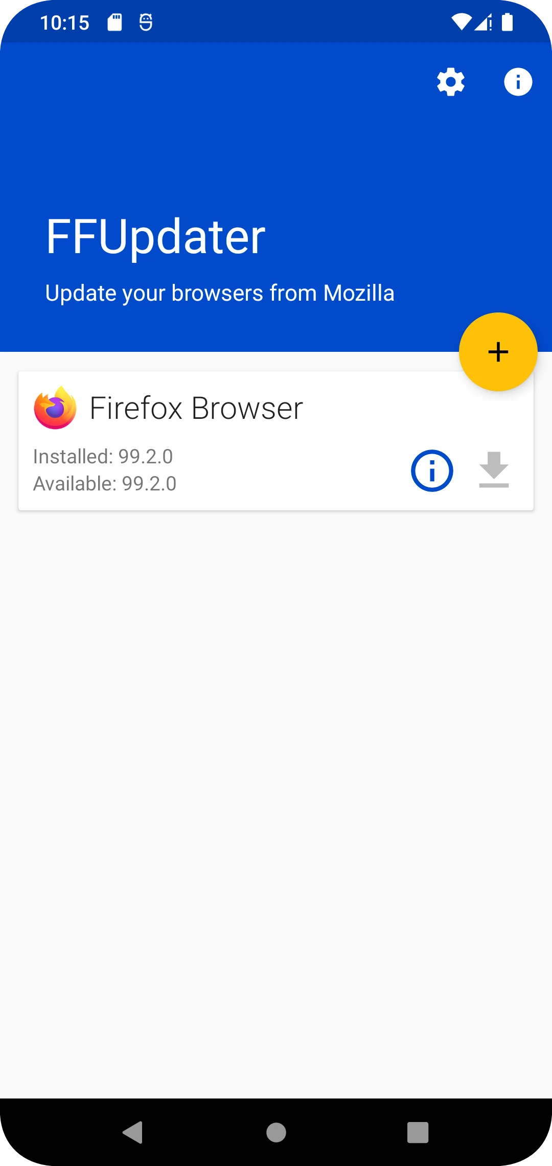 FFUpdater main screen listing Firefox Browser with installed and available versions