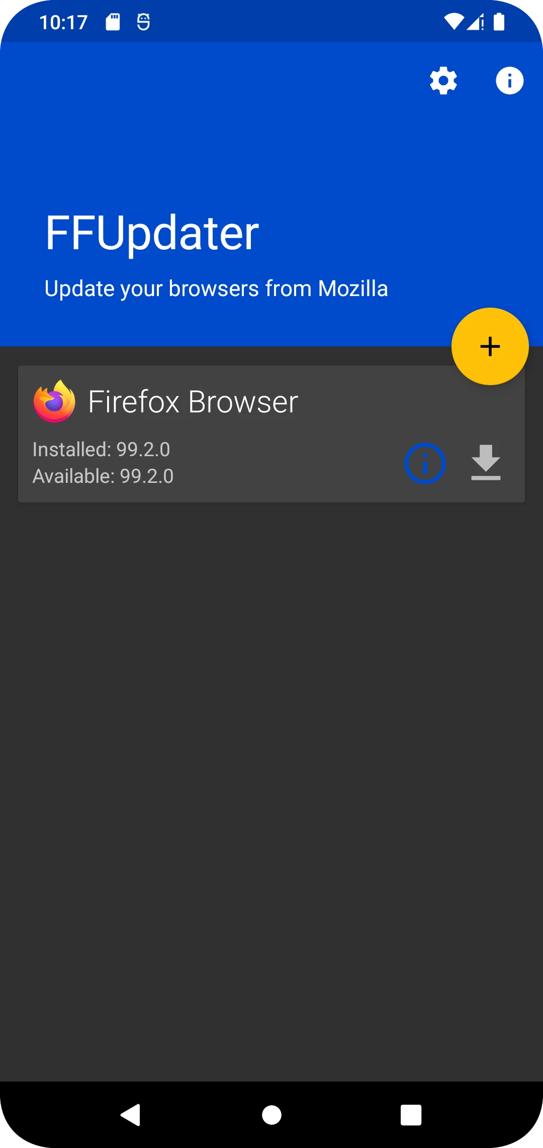 FFUpdater main screen in dark theme listing Firefox Browser