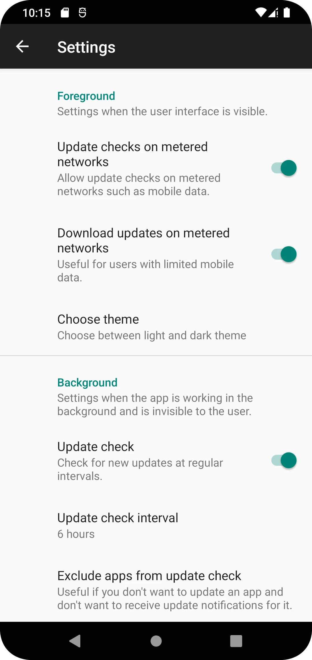 FFUpdater settings screen with update check options for metered networks and interval