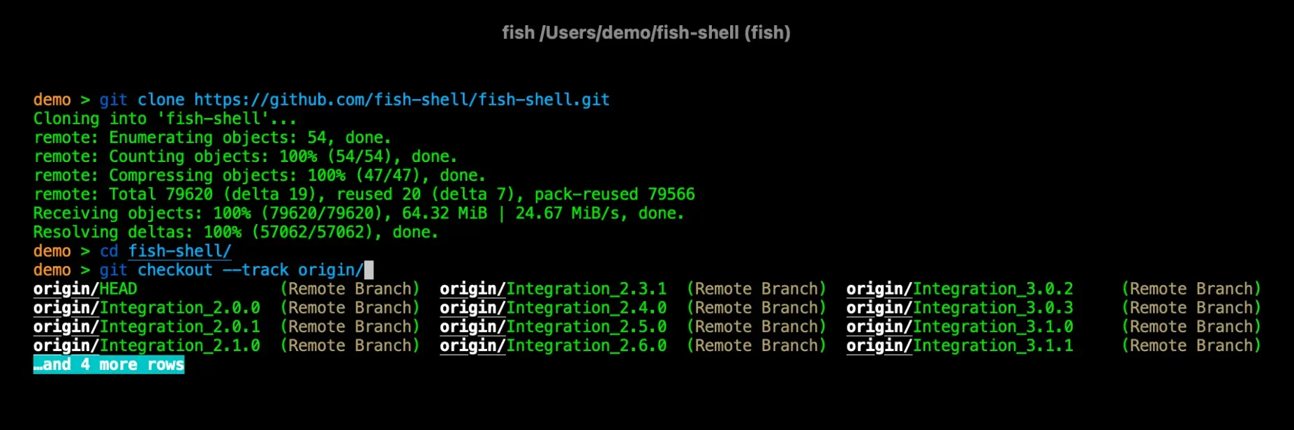 Fish shell terminal showing Git command completion suggestions