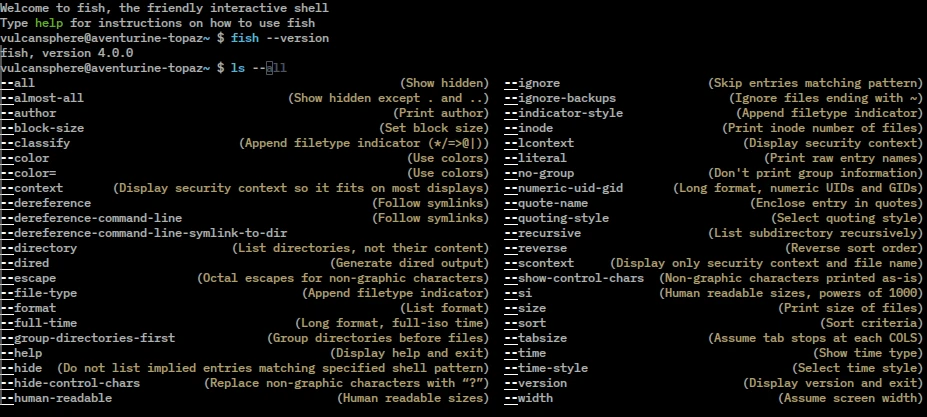 fish 4.0 showing two-column completion suggestions and descriptions for ls command options