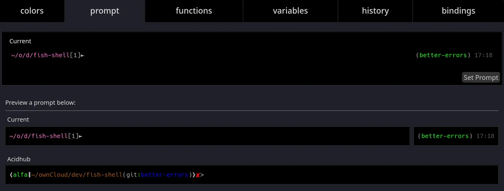 Fish web configuration interface showing prompt style previews