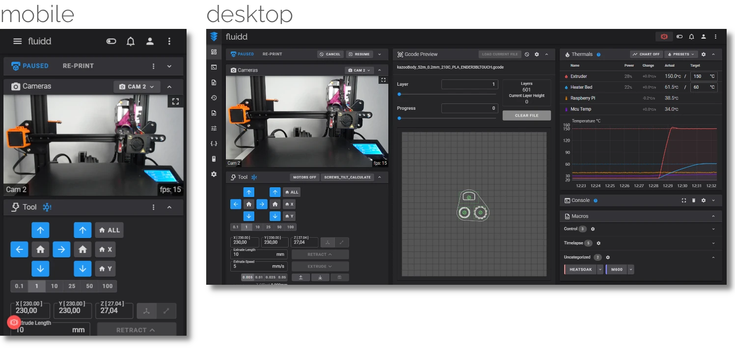 Mobile and desktop views of the dashboard with camera, tool controls, thermals and gcode preview