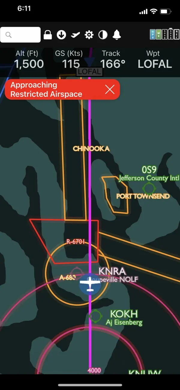 FlyQ EFB map showing restricted-airspace warning along a flight route