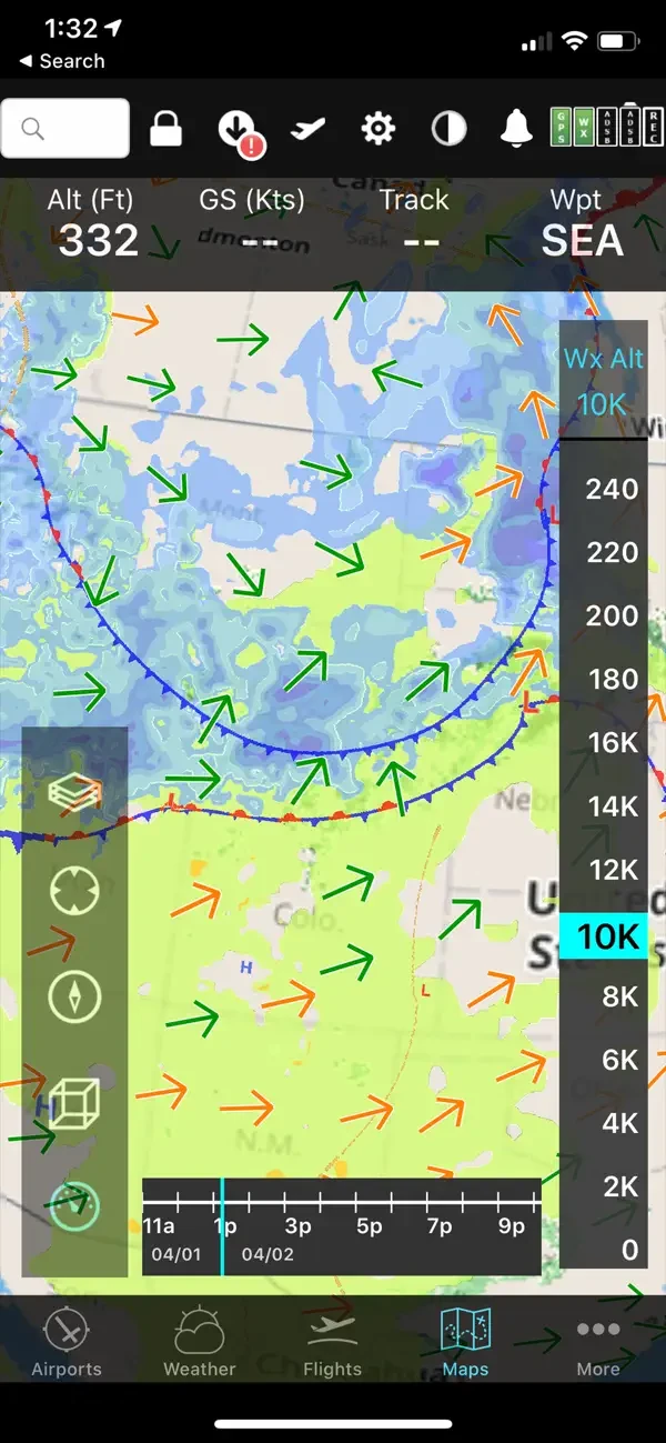 FlyQ EFB weather map with wind symbols and altitude layer selector