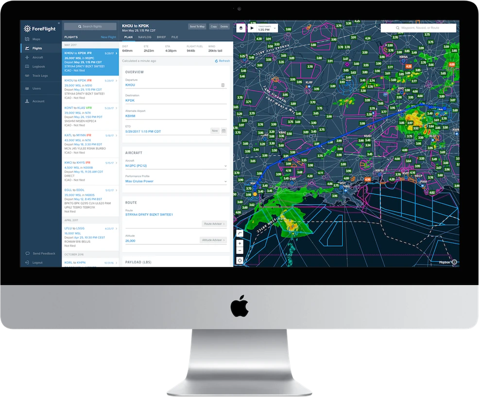 ForeFlight web planner with a flight list, flight plan form and weather map on a desktop monitor