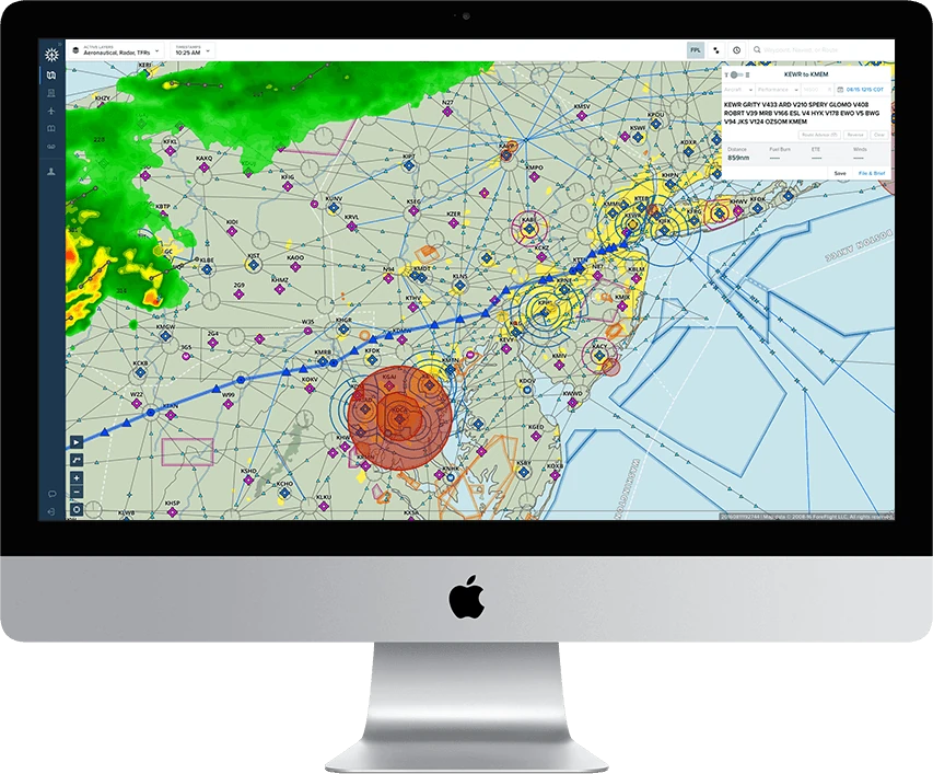 ForeFlight web map with an aeronautical chart, radar overlay and a route across the northeastern United States
