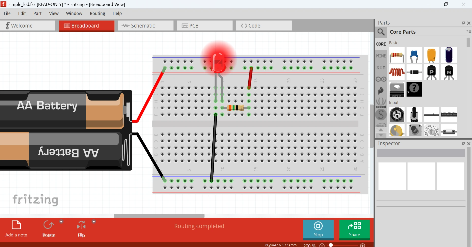 Fritzing breadboard simulator running a simple battery, resistor, and red LED circuit
