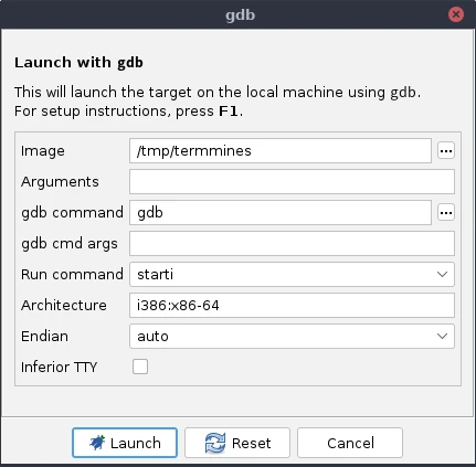 Ghidra Launch with gdb dialog for termmines with architecture and run command controls