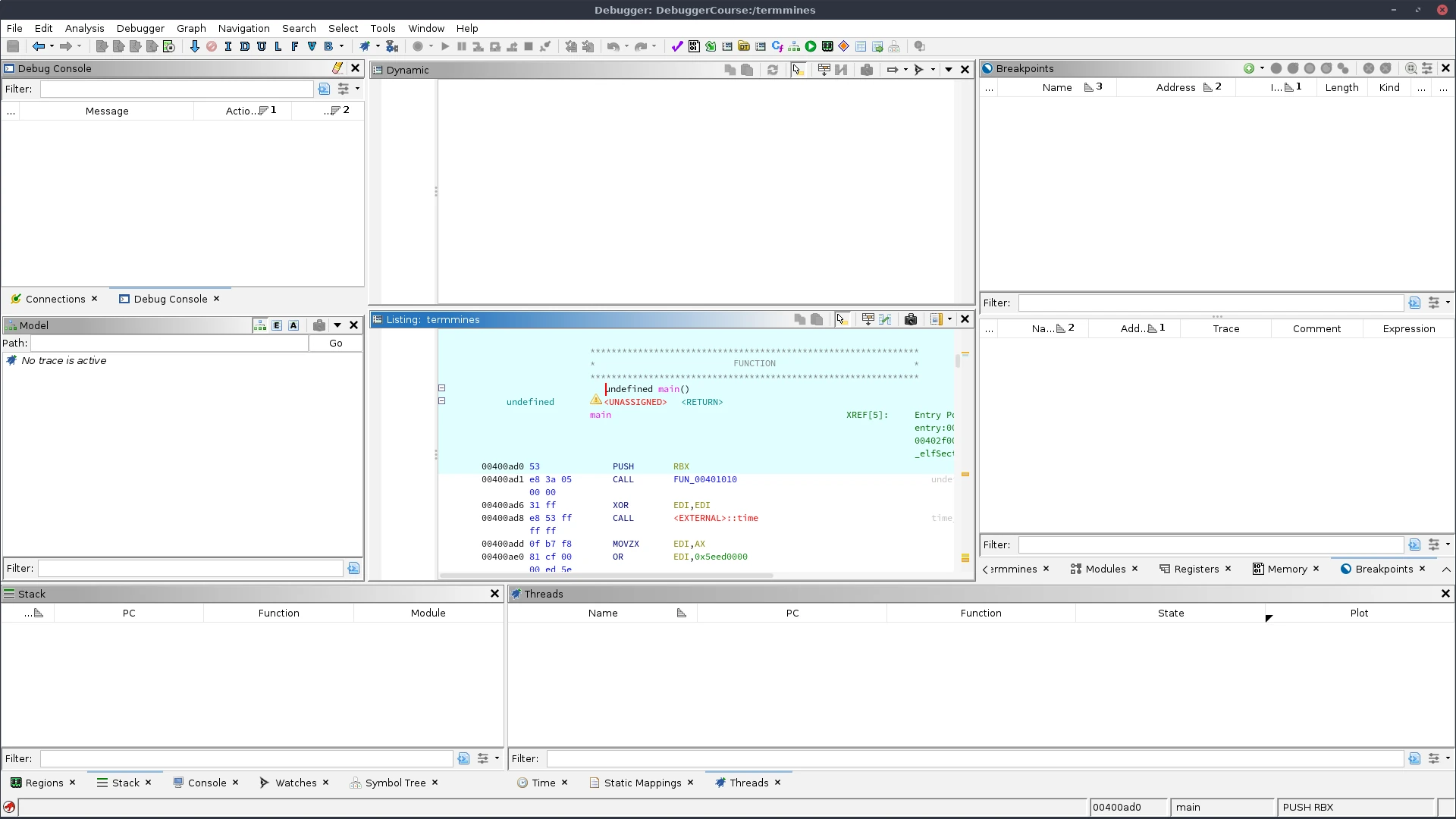 Ghidra Debugger workspace with termmines static disassembly and empty runtime panels