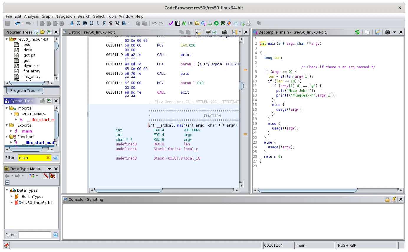 Ghidra CodeBrowser with disassembly, decompiled source and symbol tree