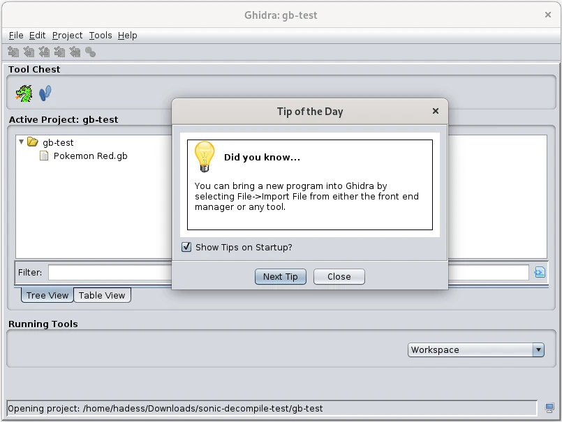 Ghidra project manager with Tool Chest, active project and Tip of the Day dialog