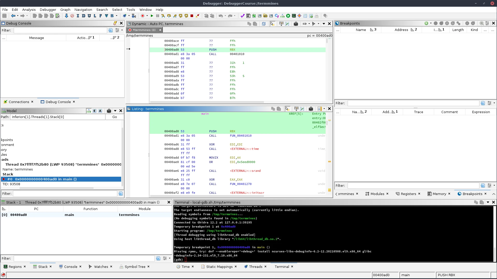 Ghidra Debugger after launching termmines with threads, dynamic disassembly and GDB terminal