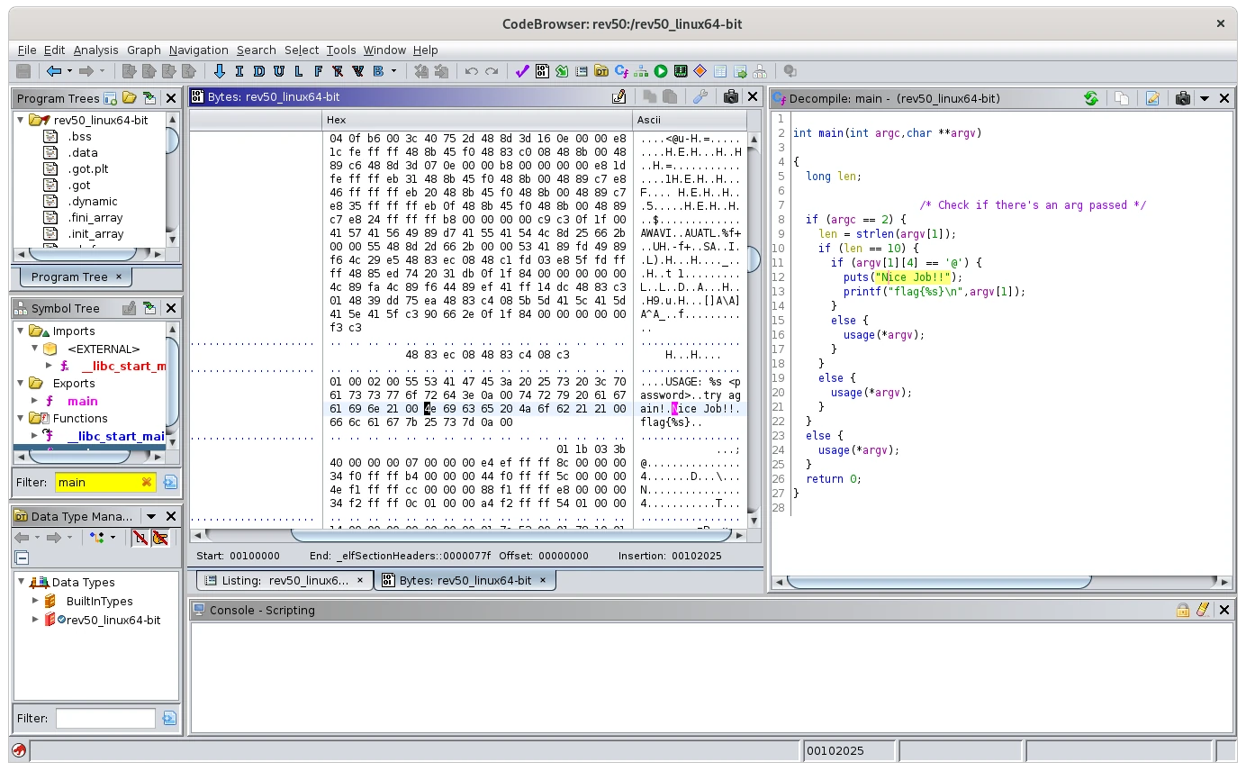Ghidra CodeBrowser showing hexadecimal bytes alongside decompiled source