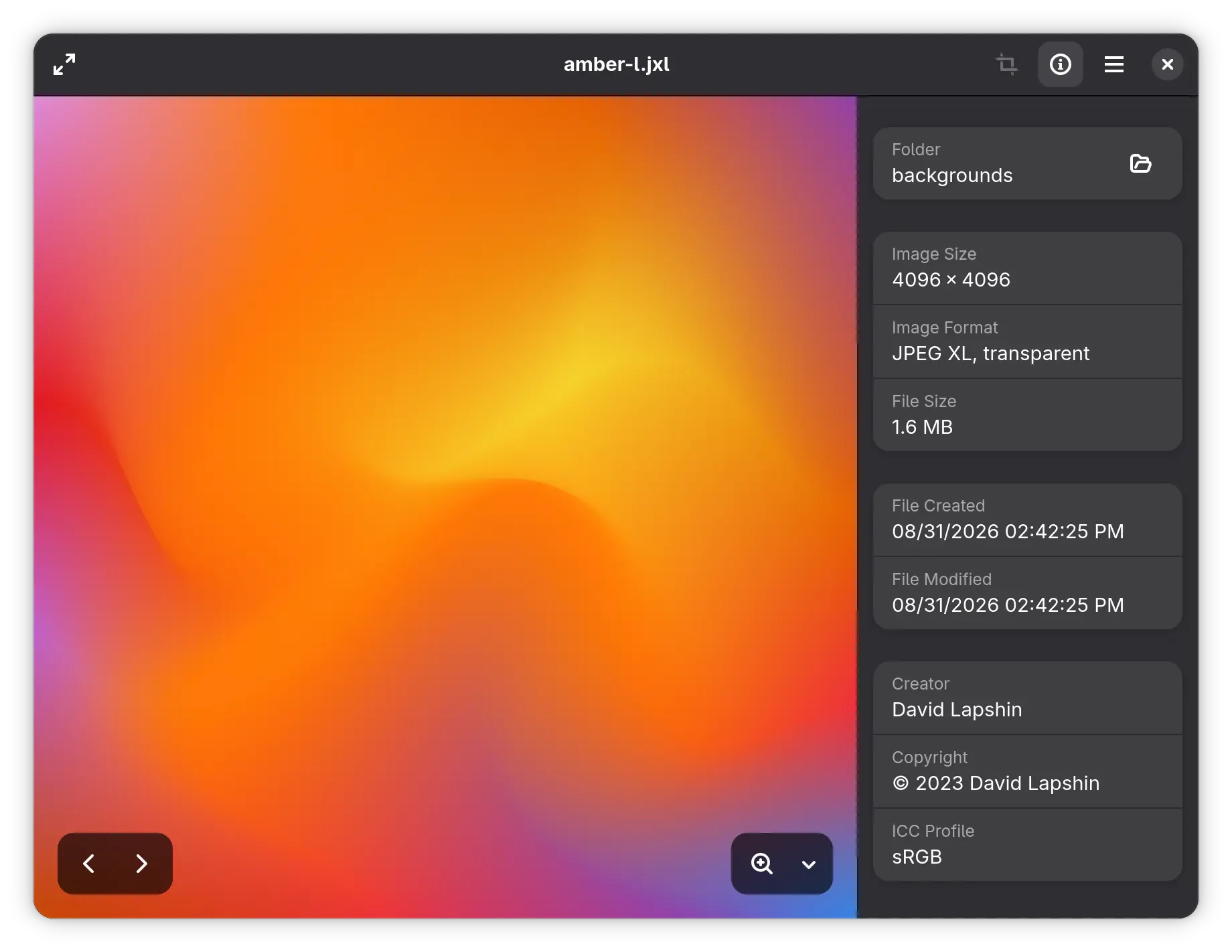GNOME image viewer shows an image and its file properties