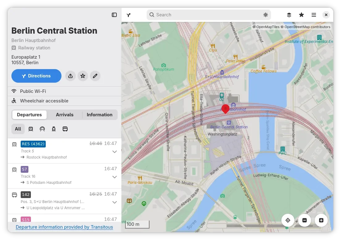 GNOME Maps displays Berlin Central Station and transit departures