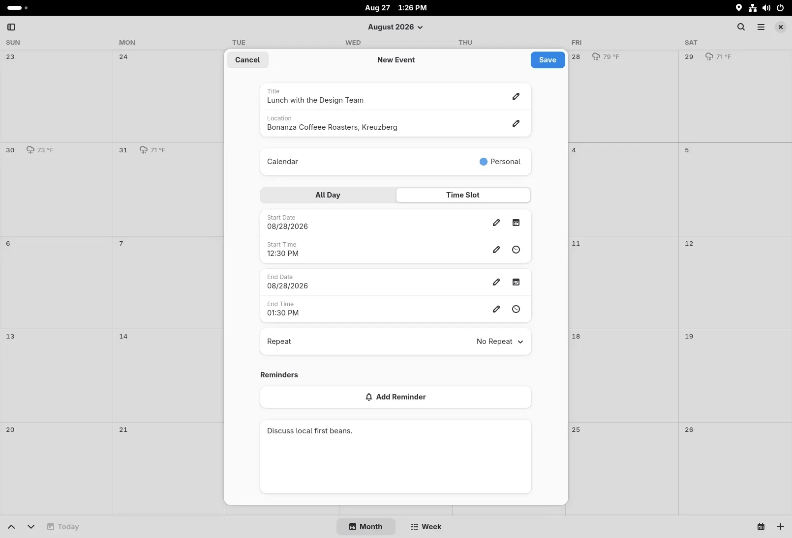 GNOME Calendar edits a new event over the month view