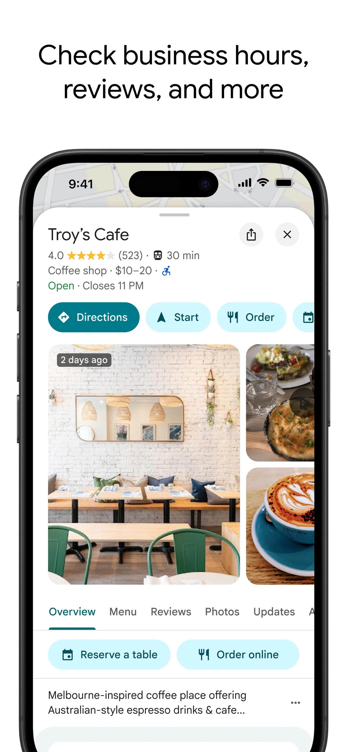 Google Maps iPhone place details for Troy’s Cafe with rating, photos, directions and ordering controls