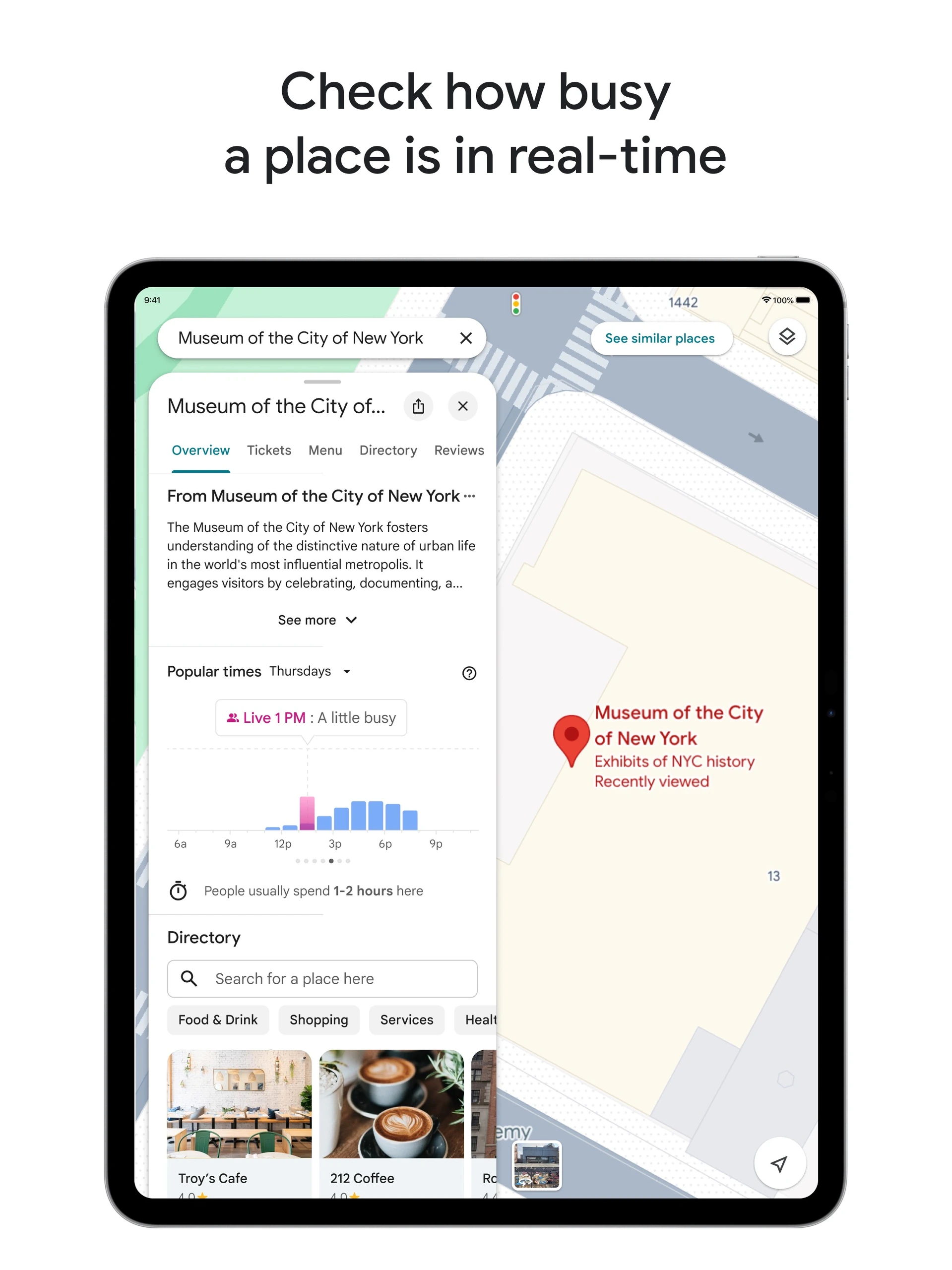 Google Maps iPad Museum of the City of New York details with popular-times bars and an indoor map
