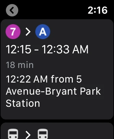 Google Maps Apple Watch transit itinerary showing subway lines 7 and A and a Bryant Park departure