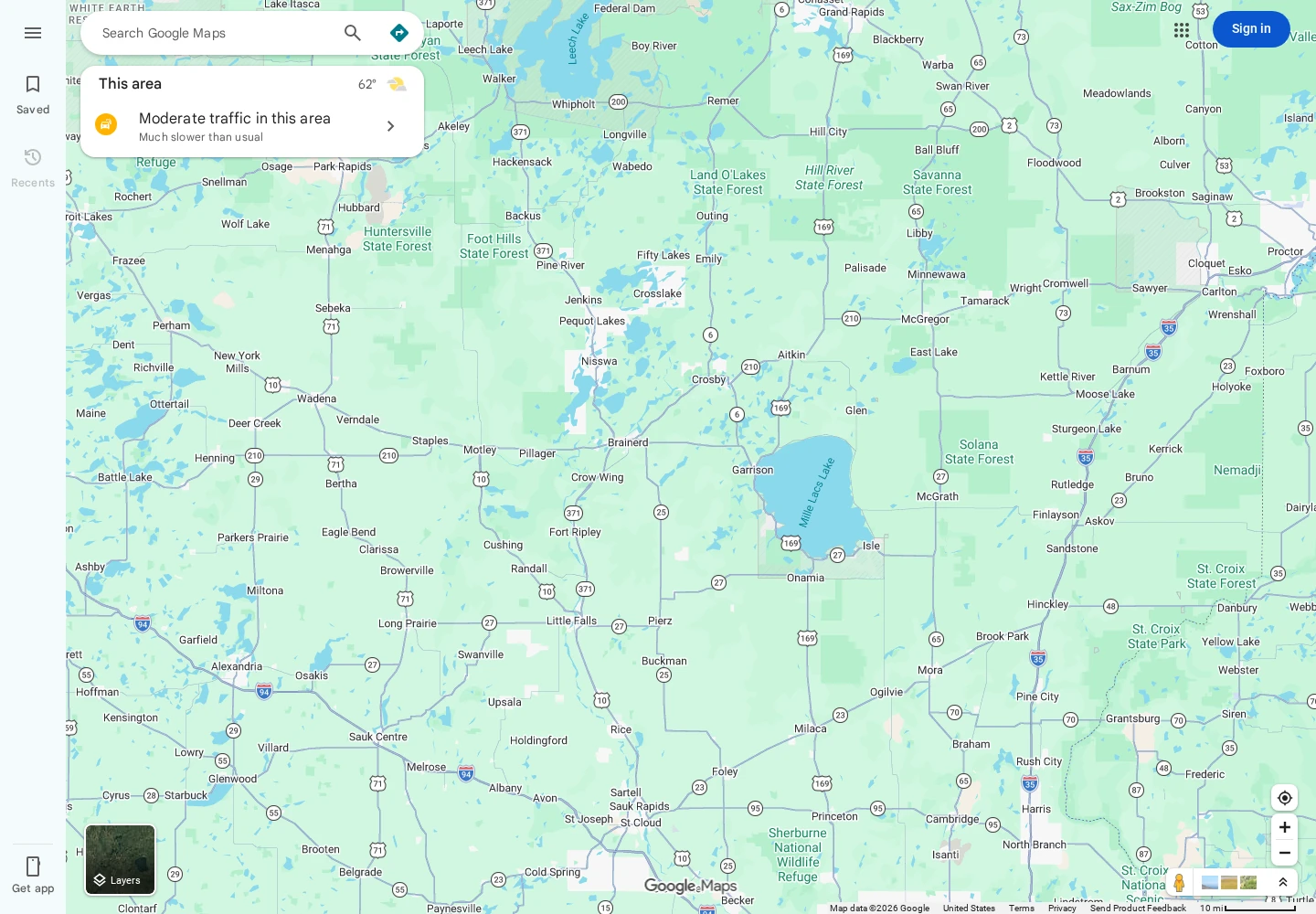 Google Maps showing roads, lakes and public forests in central Minnesota