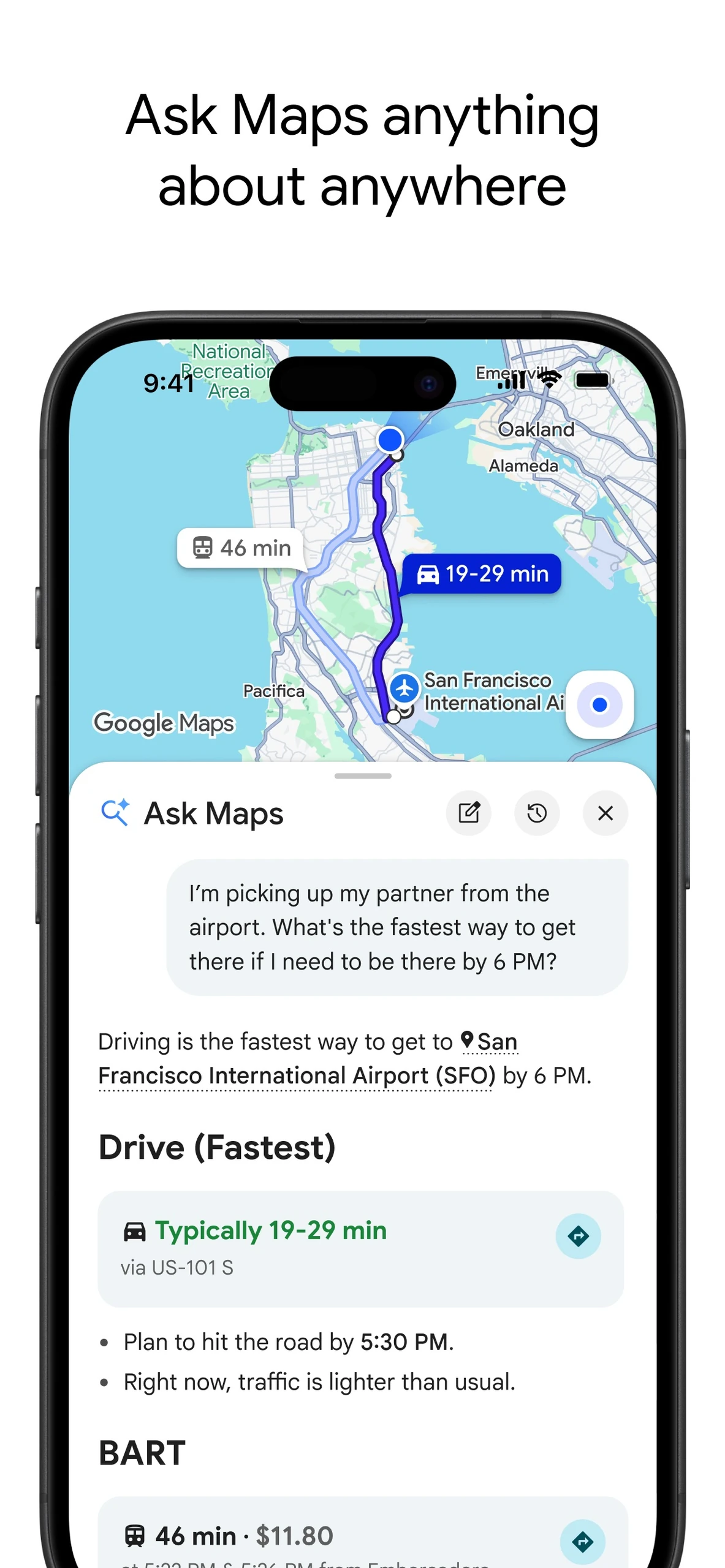 Google Maps iPhone Ask Maps panel answering an airport travel question with driving and transit options