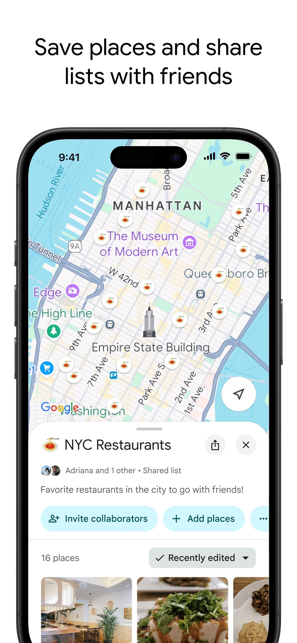 Google Maps iPhone shared NYC Restaurants list with mapped places and collaboration controls