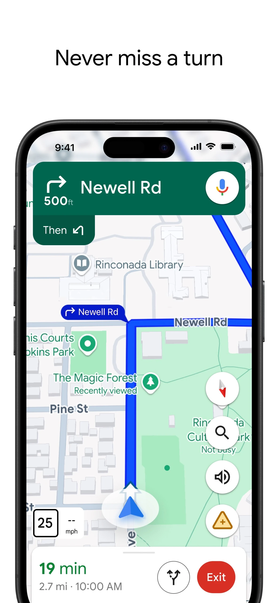 Google Maps iPhone navigation with a Newell Road turn instruction, blue route and remaining journey time