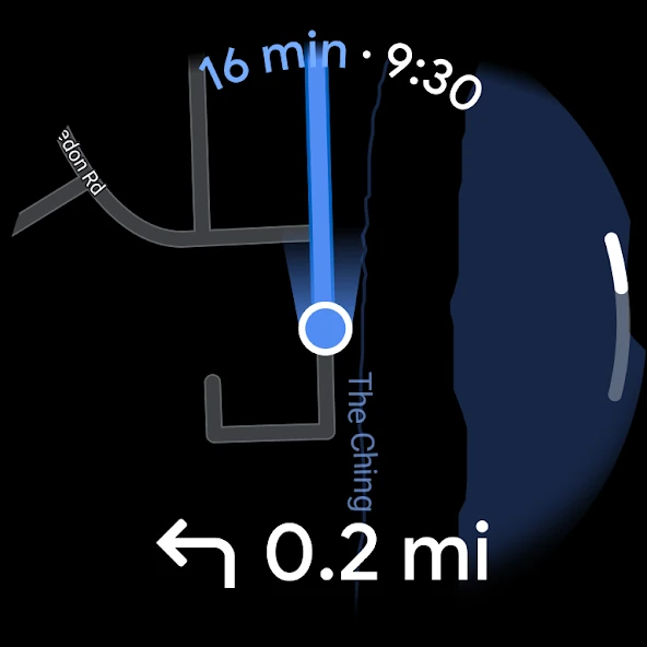 Google Maps Wear OS turn-by-turn map showing a left turn in 0.2 miles beside a blue route