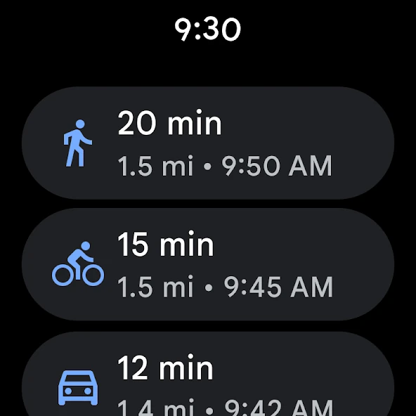 Google Maps Wear OS route choices comparing walking, cycling and driving travel times