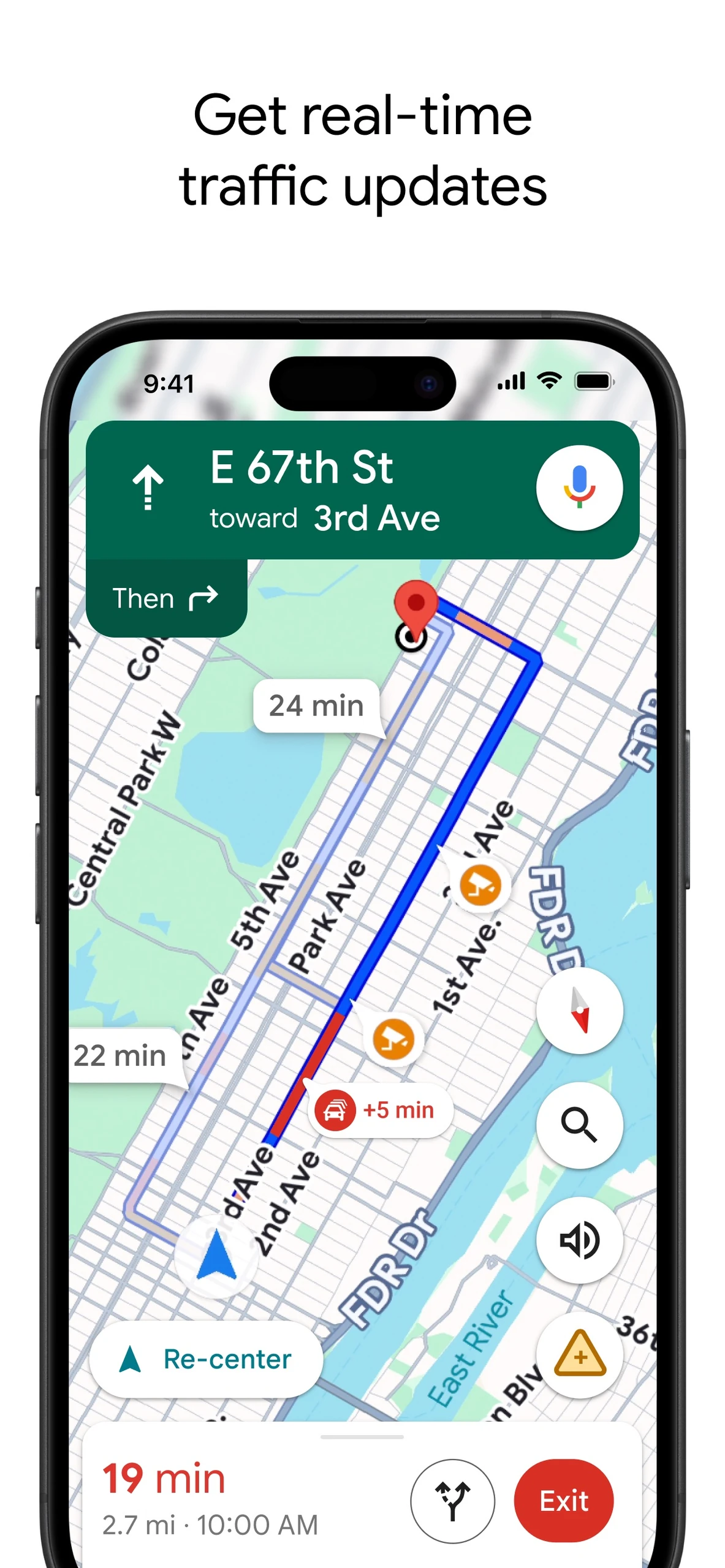 Google Maps iPhone traffic navigation near Third Avenue with alternate journey times on the map