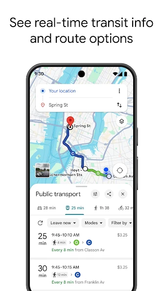 Google Maps Android transit directions with a mapped route, transport choices and departure times