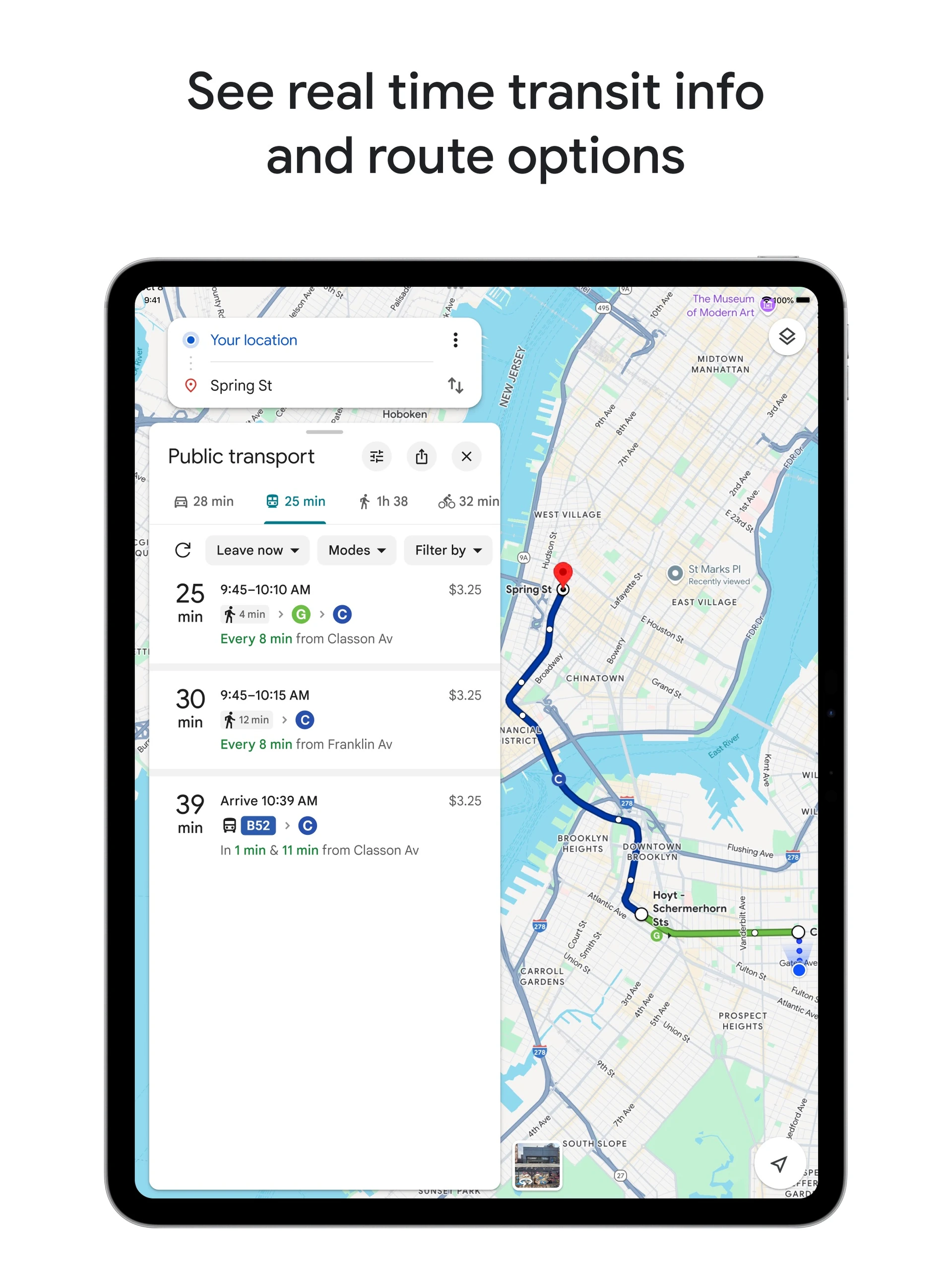 Google Maps iPad public-transit directions with route options and a mapped journey to Spring Street